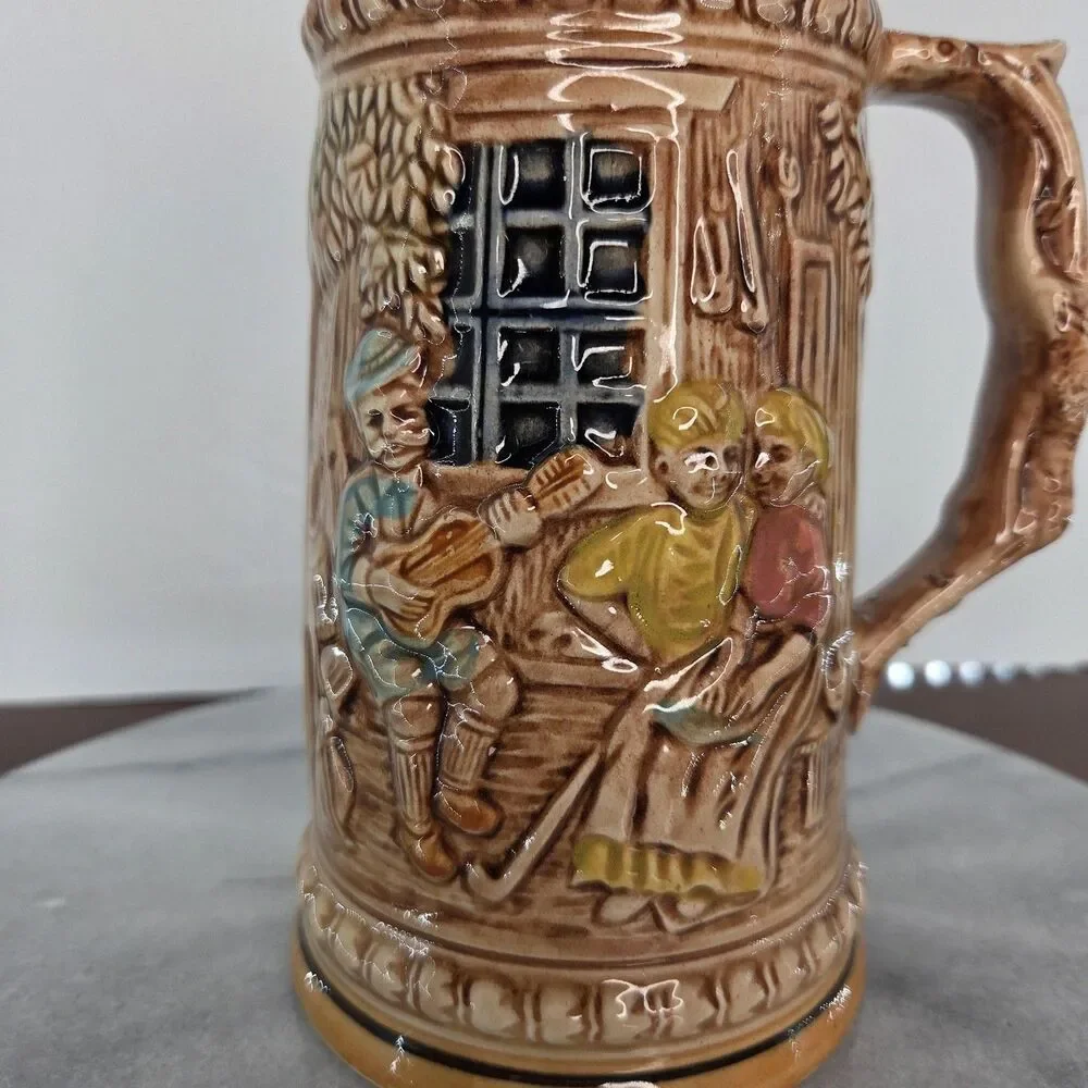 Vintage Made in Japan Beer Stein Tankard Relief Liebundlied Froh Gemut 3D Scene